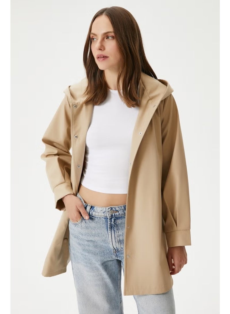 Ritnice Women's Trendy Hooded Snap-On Beige Trench Coat - Image 1